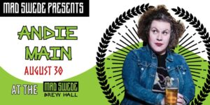 Photo of Andie Main on a green and white background.