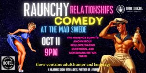 Sexy lady in a blue dress holding it up to expose her thigh, shirtless muscular man in a sailor hat and pants holding up a bottle, on a black background.